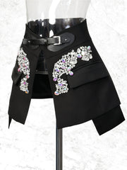 Fashion Split Rhinestone Belted High Waist Mini Skirt