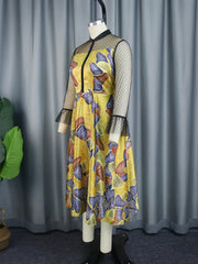 Elegant Mesh Sleeve Patchwork Print Party Dress