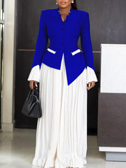 Casual V-neck Asymmetry Top Pleated Wide Leg Pants Set