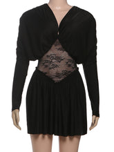 Sexy Lace Patchwork V Neck Long Sleeve Mini Dress