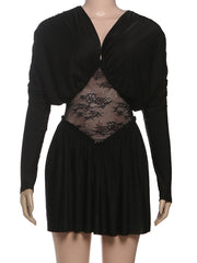 Sexy Lace Patchwork V Neck Long Sleeve Mini Dress