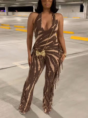 Sexy Tassel Print Halter Neck Lace-Up Jumpsuit