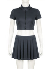Fashion Zipper Crop Tops Pleated Skirt Casual Set