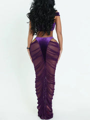 Velvet Crop Tops Mesh Patchwork Ruched Skirt Sets