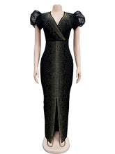 V Neck Rhinestone Puff Sleeves Bodycon Slit Dress