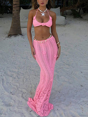 Sexy Knit Halter Long Skirt Beach Two Piece Set
