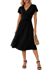 Casual Ruffle Wrap V Neck High Waist Midi Dress