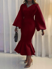 跨境女装2026春新款欧美时尚大码V领长袖性感鱼尾裙外贸连衣裙