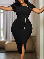 Elegant Beading Asymmetrical Collar Midi Dress