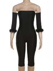 Sexy Off Shoulder Feather Cuff Bodycon Jumpsuit