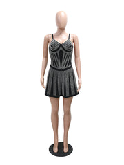 Sexy Mesh Rhinestone Pleated Mini Dress