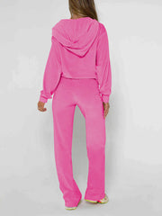 Velour Zipper Hoodie Wide Leg Pants Sets