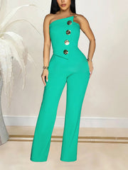 Sexy Gold Button Embellished Strapless Jumpsuit