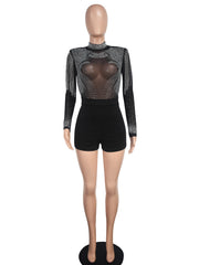 Sexy Mesh See Through Rhinestone Romper