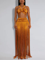 Sexy Crop Tube Top Fringe Maxi Skirt Two Piece Set