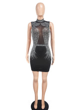 Rhinestones Mesh Patchwork Sleeveless Midi Dress