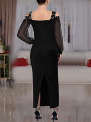 Elegant Rhinestone Square Neck Mesh Slim Maxi Dress