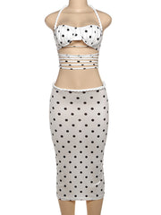 Fashion Halter Neck Polka Dot Print Maxi Skirt Set