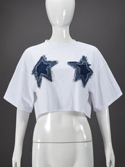 Stitching Five Pointed Star Crop T Shirt