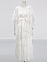 Elegant Embroidery Hollow Out Cinched Waist Maxi Dress