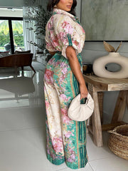 Vintage Floral Print Lace-up Slim Fit Jumpsuit