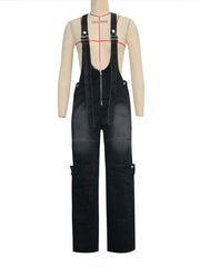 Casual Zipper Loose Denim Overalls Jumpsuit