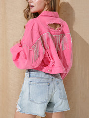 Casual Rhinestone Tassel Ripped Denim Jacket