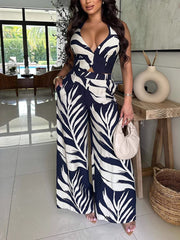 Casual Print Halter Lace-up Top Wide Leg Pants Set