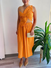 One Shoulder Flower Petal Cut Out Backless Midi Dress
