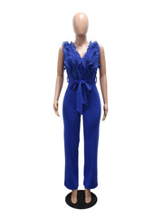 Fashion V Neck Ruffle Bandage Jumpsuit