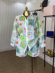 Fashion Print Hollow out Shirt Shorts Casual Set