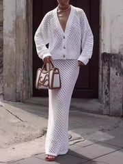 Fashion V-neck Knit Cardigan and Skirt Set