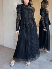 Elegant Embroider Hollow Tops Mesh Pleated Skirt Sets