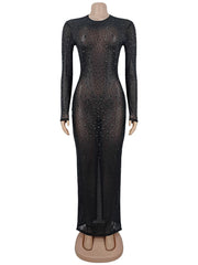 Sexy Rhinestone Mesh Sheer Bodycon Dress