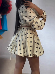 Polka Dots Print Lace-Up Cropped Shirt Bubble Skirt Set