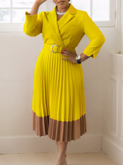 Fashion Cinched Waist Two-Tone Belted Pleated Dress