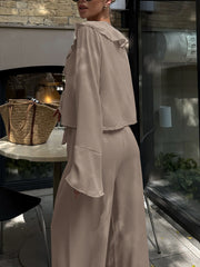 Casual V-Neck Ruffles Lace-up Shirt Wide Leg Pants Sets
