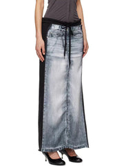 Fashion Denim Print Patchwork Drawstring Long Skirt