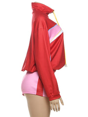 Long Sleeve Color Block Sport Jacket Shorts 2 Piece Set