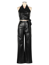 Sexy Faux Leather Halter Top And Pants Two Piece Set