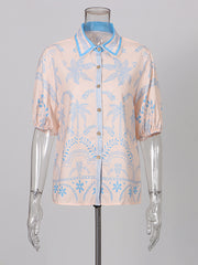 Print Puff Short Sleeve Shirt And Straight Pants Set