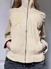 Retro High Collar Zip Up Corduroy Coat