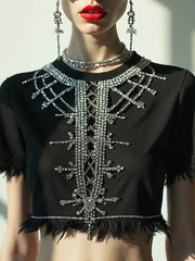 Elegant Round Neck Spliced Diamond Tassels T-shirt