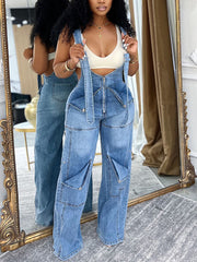 Fashion Casual Zipper Loose Denim Jumpsuits