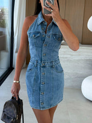Casual Button Front Sleeveless Denim Mini Dress