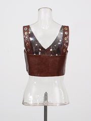 PU Leather Metal Ring Crop Vest High Waist Pant Set