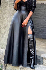 Fashion PU Leather Slit Slim-Fit Mid Skirts