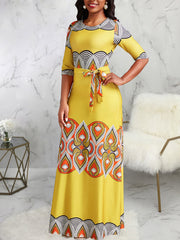 Fashion Round Neck Print Lace-up Maxi Dress