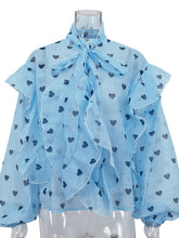 Casual Ruffle Puff Sleeve Sheer Heart Print Blouse