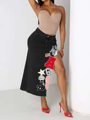 Casual Patch Letter Embroider High Split Denim Skirt